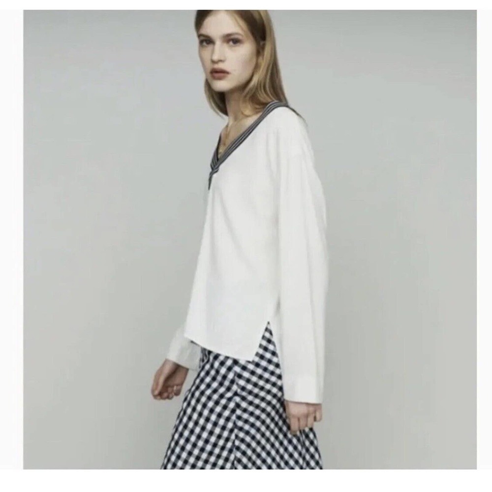 Maje $265 Lorni Lounge Long Sleeves Crepe Striped V-Neck Neckline Top Sz 3/L US - Picture 10 of 16